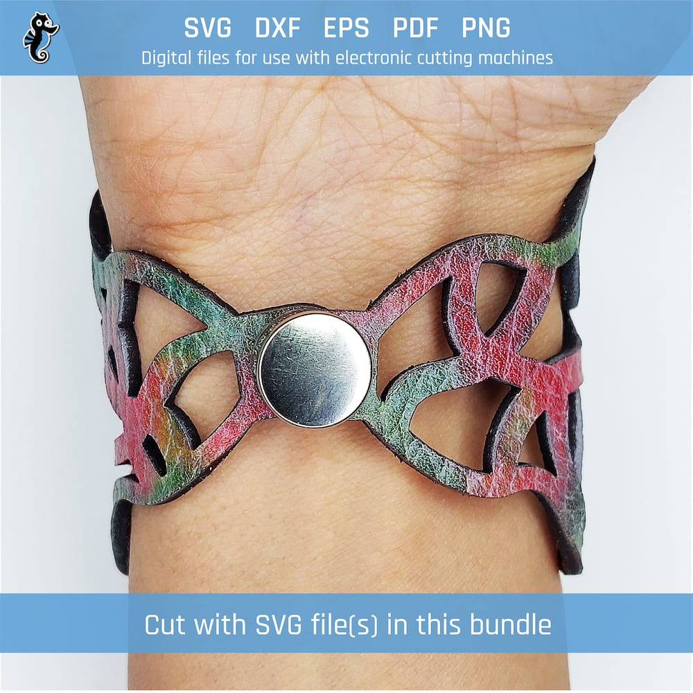 Assorted pattern bracelet bundle B21 demo 4 Example of a leather bracelet cut from an SVG design file in this bundle. The design is features a squiggly pattern.